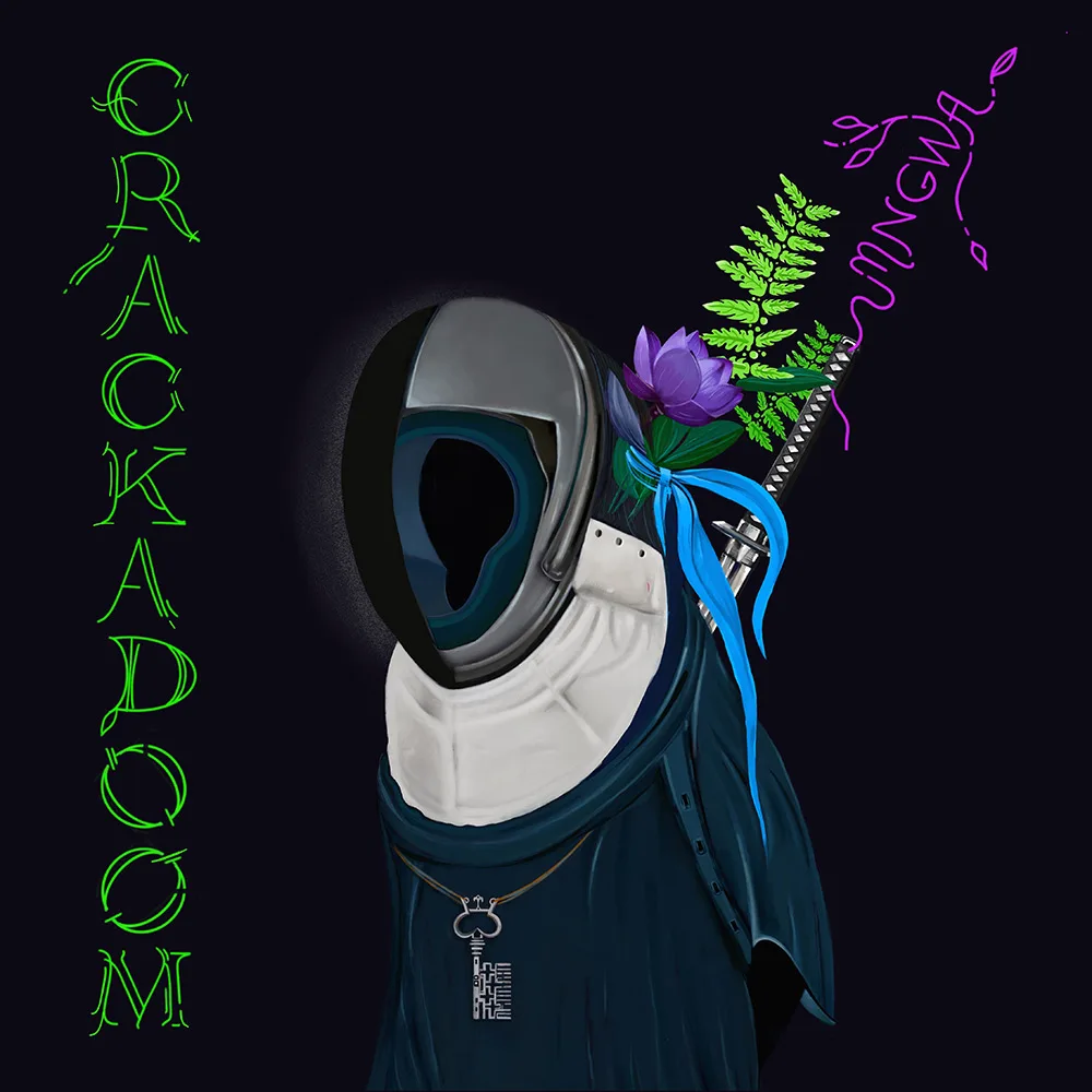 Crackadoom EP artwork: a hooded figure crowned with purple flowers and green ferns